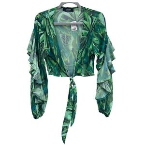 Akira Tropical Print Tie Front Blouse Womens Large Green NWT Ruffle Sleeve Crop